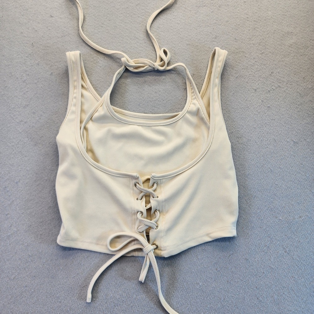 Cider Cream Ribbed Crop Top Lace Up Corset Halter Neck Tank Beige Medium